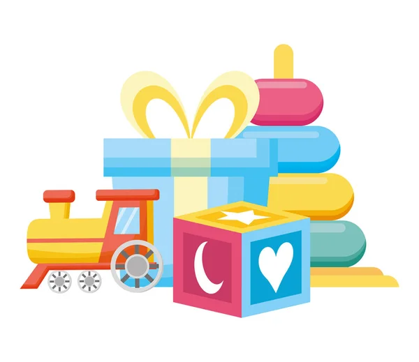 Pile rings and block with train baby toys icons — Stock Vector