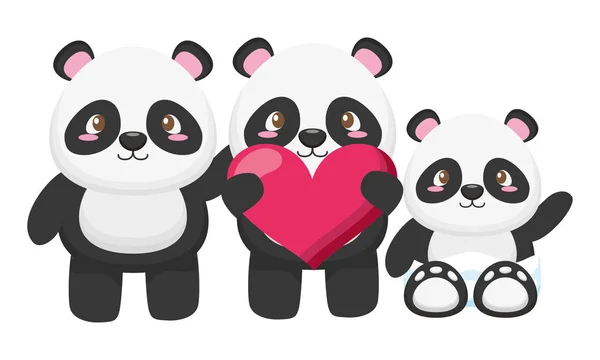 Mignonne petite famille ours pandas personnages — Image vectorielle