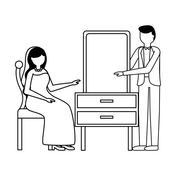 Novia y novio con espejo muebles día de la boda — Vector de stock