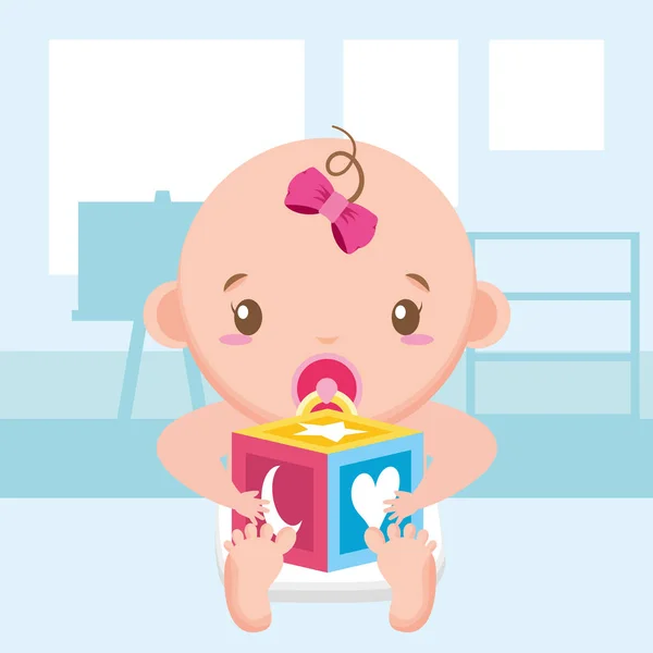 Bonito pouco bebê menina com bloco brinquedo —  Vetores de Stock