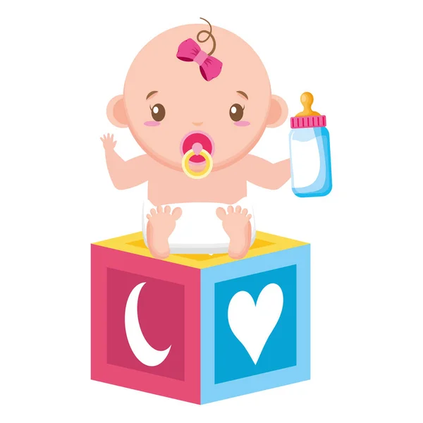 Niedliches kleines Mädchen mit Blockspielzeug und Milchflasche — Stockvektor