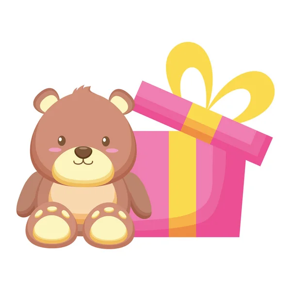 Gift box present with bear teddy — Stock Vector