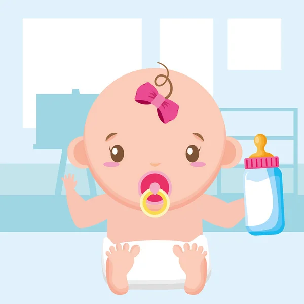 Süt şişesi ile sevimli küçük bebek kız — Stok Vektör