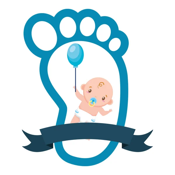 Baby douche jongen met voetafdruk ballon — Stockvector