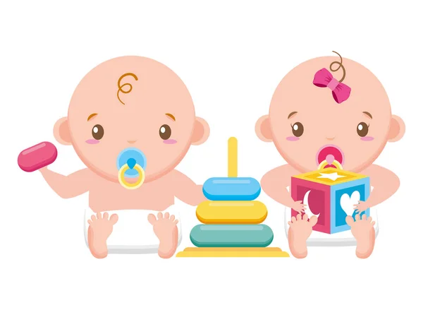 Bebés niño y niña bebé ducha — Vector de stock