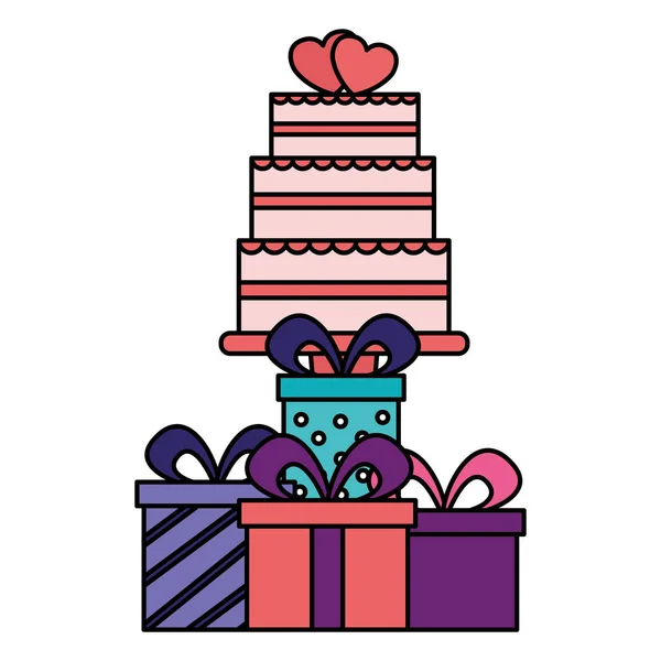 День весілля торт і подарункові коробки — стоковий вектор