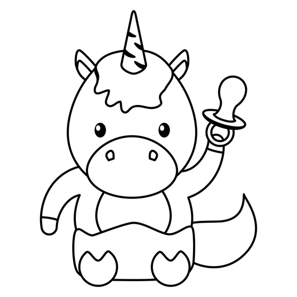 Carino piccolo unicorno con ciuccio bambino personaggio — Vettoriale Stock