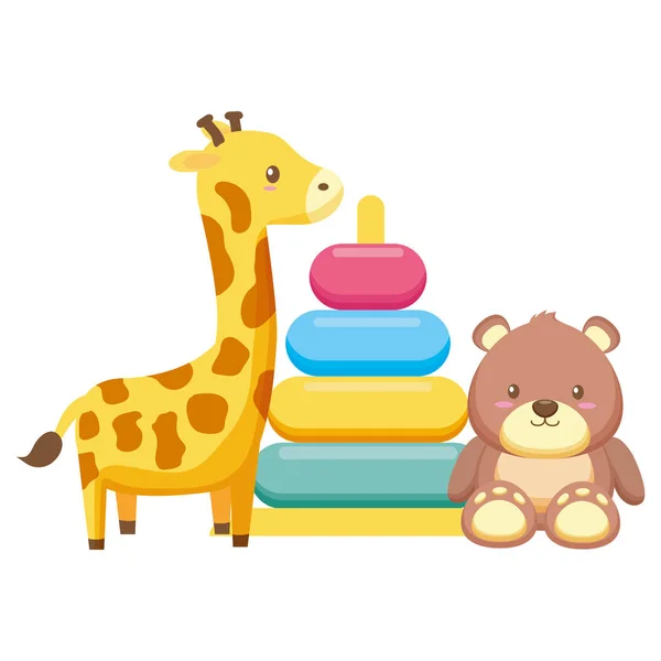 Girafe farcie d'anneaux et ours en peluche — Image vectorielle