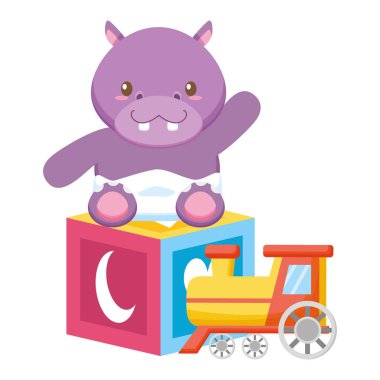Tren ve blok ile sevimli küçük Hippo