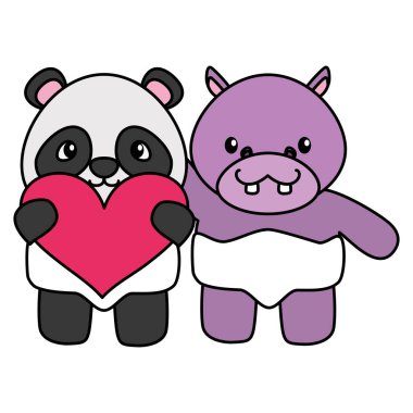 kalp ile sevimli küçük ayı Panda ve Hippo