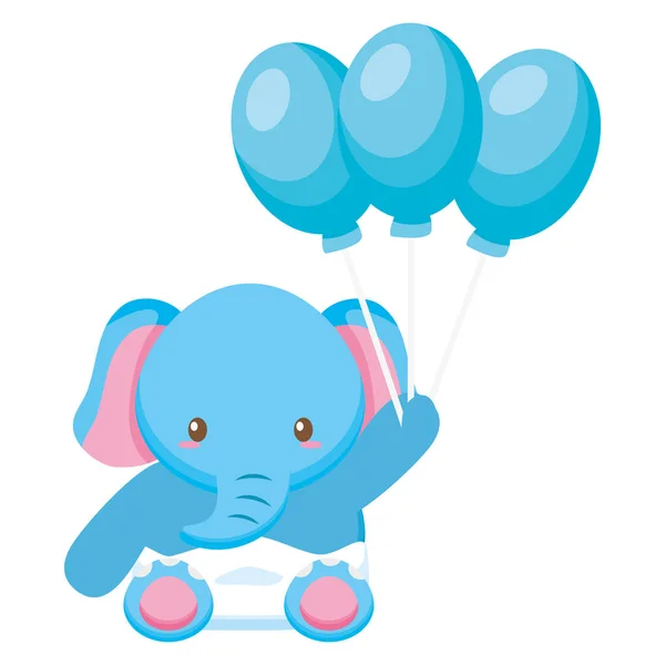 Lindo pequeño elefante bebé con globos helio — Vector de stock
