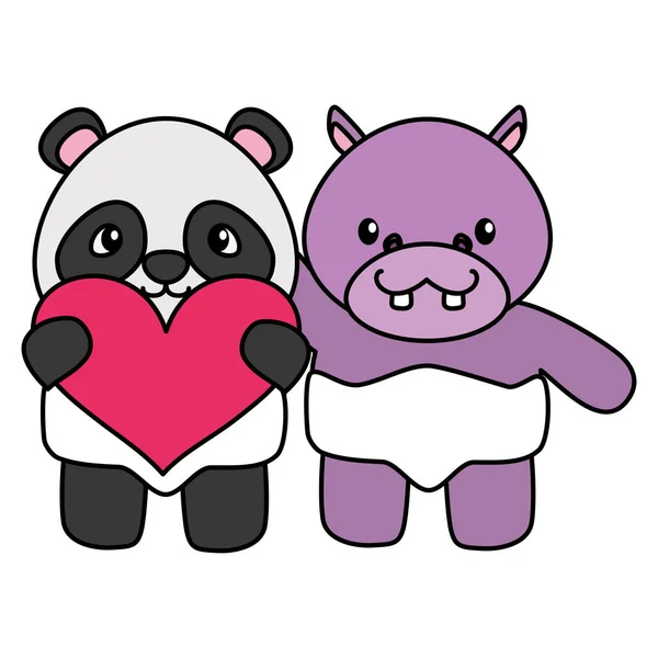Mignon petit ours panda et hippopotame avec coeur — Image vectorielle