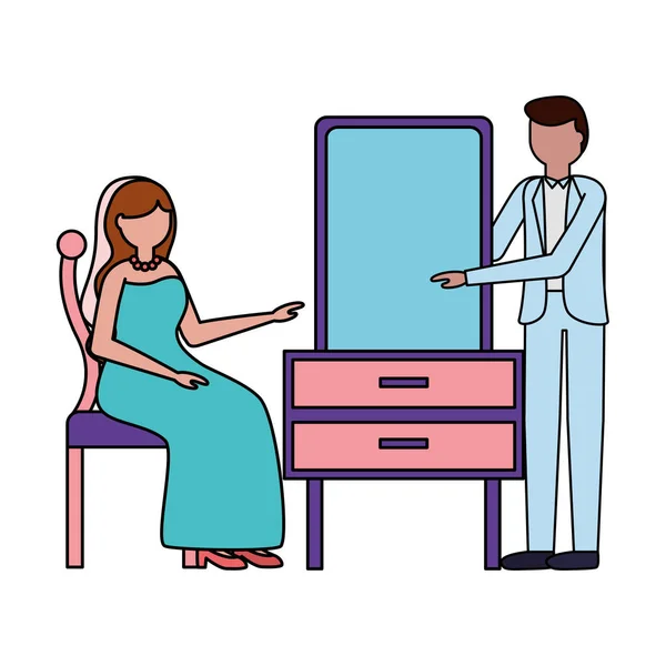 Mariée et marié avec miroir meubles mariage jour — Image vectorielle