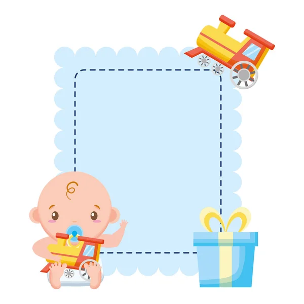 Garçon avec train jouet cadeau bébé douche — Image vectorielle