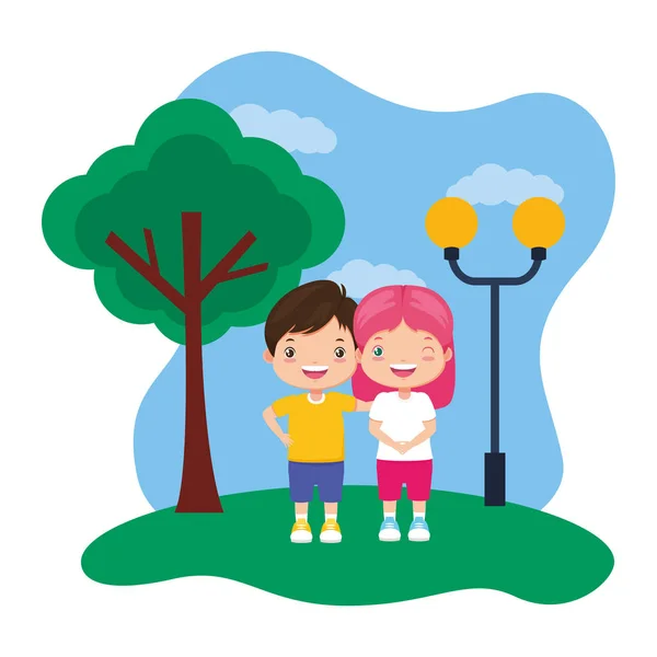 Щасливий хлопчик і дівчинка в парку — стоковий вектор