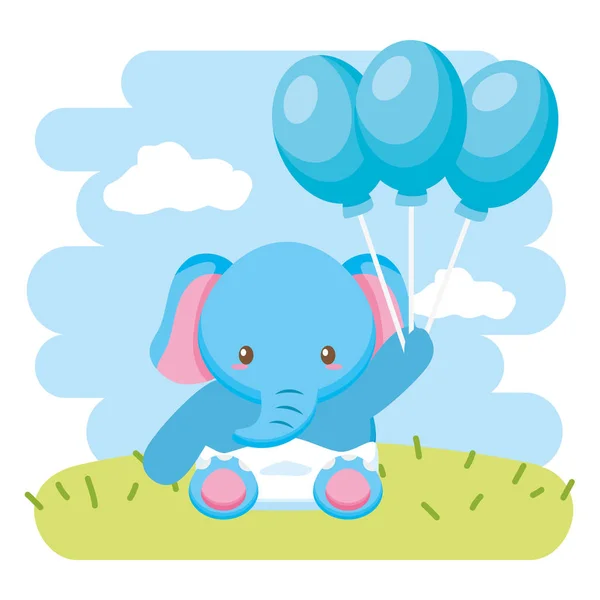 Lindo pequeño elefante bebé con globos helio — Vector de stock