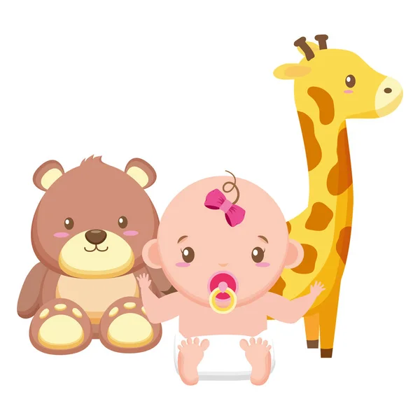 Cute little baby girl with bear teddy and giraffe — Stock Vector