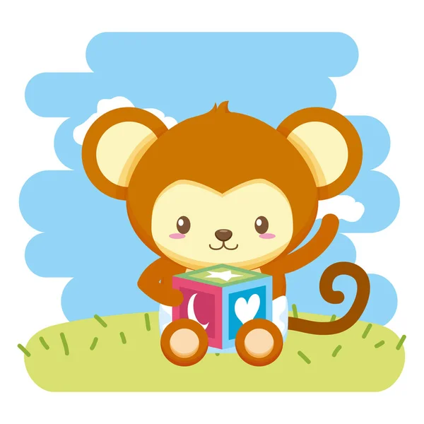 Cute little monkey with block baby character — Stock Vector