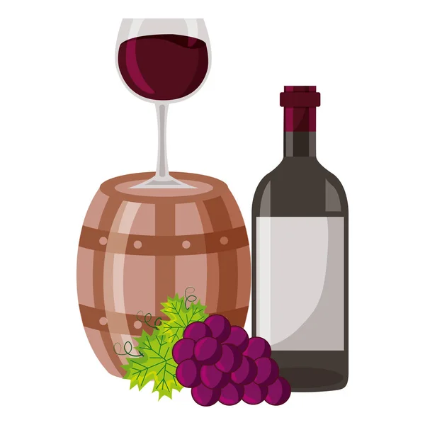 Wine barrel bottle cup and grapes — Stock Vector