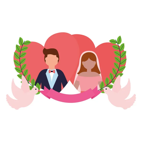 Bride and groom love hearts doves ribbon wedding — Stock Vector