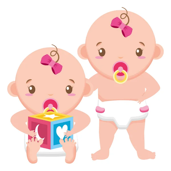 Cute little babies girls with cube characters — Stock Vector