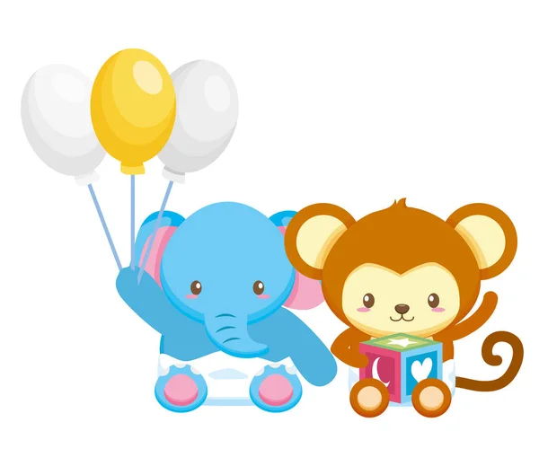 Söt liten elefant och apa med ballonger helium — Stock vektor