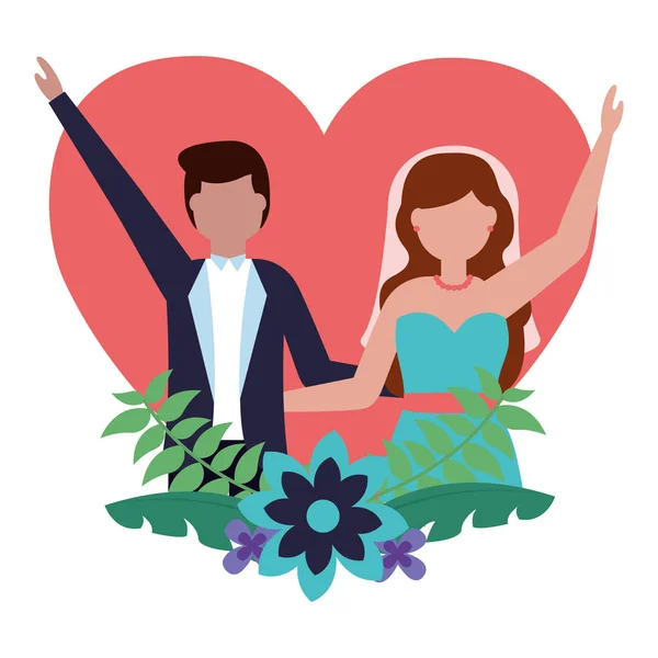 Sposa e sposo cuore amore fiori matrimonio — Vettoriale Stock