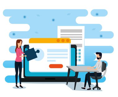 Web sitesi belgesi ve dizüstü bilgisayar ile iş kadını ve İşadamları