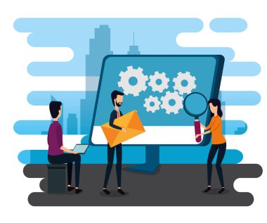 bilgisayar ve büyüteç ile işadamları ve iş kadını