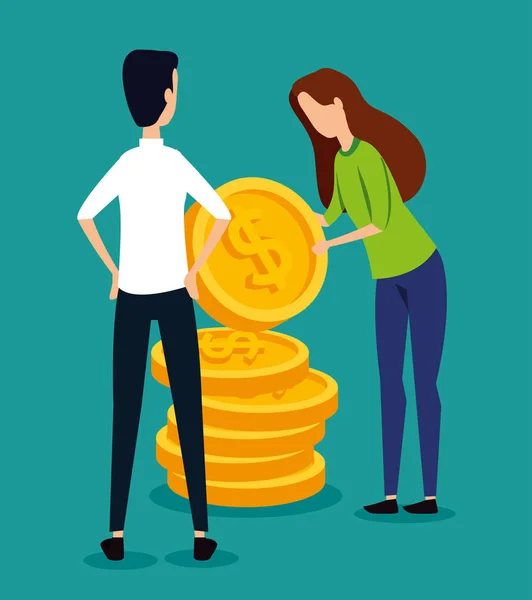 Профессиональный бизнесмен и деловая женщина сотрудничают с монетами — стоковый вектор