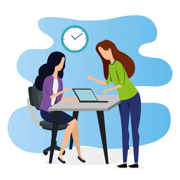 Professional businesswomen teamwork with laptop and clock — Stock Vector