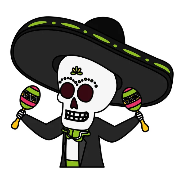 Esqueleto mariachi con sombrero maracas viva mexico — Vector de stock