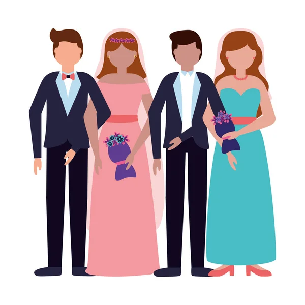 Novias y novios de boda de parejas — Archivo Imágenes Vectoriales