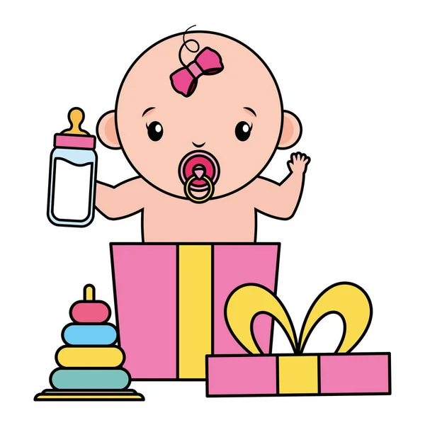Linda niña con biberón de leche en caja de regalo — Vector de stock