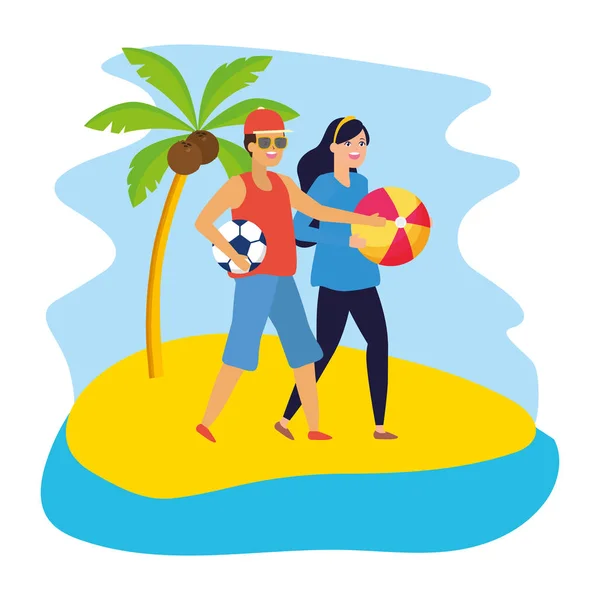 Hombre con pelota de fútbol y mujer con pelota de playa — Vector de stock