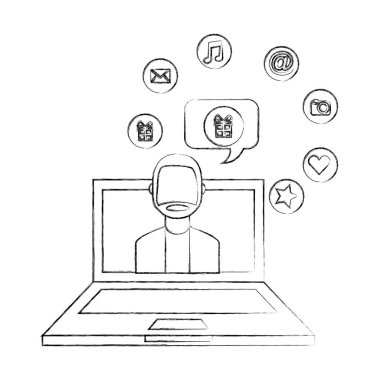 ekranda sakal adam dizüstü bilgisayar konuşmak kabarcık sosyal medya