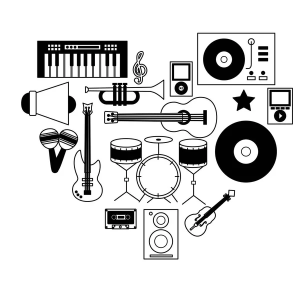 Música colorido fundo instrumentos dispositivos ícones — Vetor de Stock