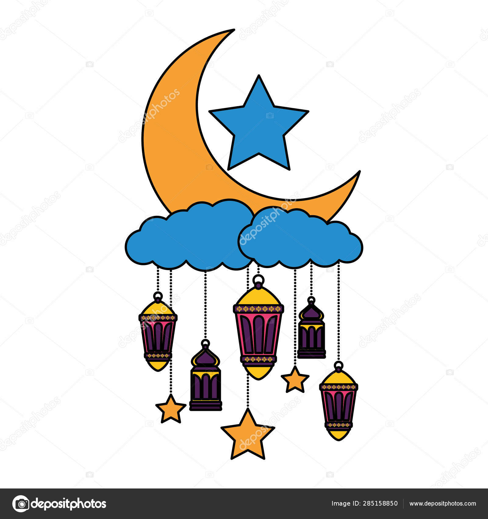 Hanging Lanterns Moon Stars Decoration Stock Vector C Yupiramos