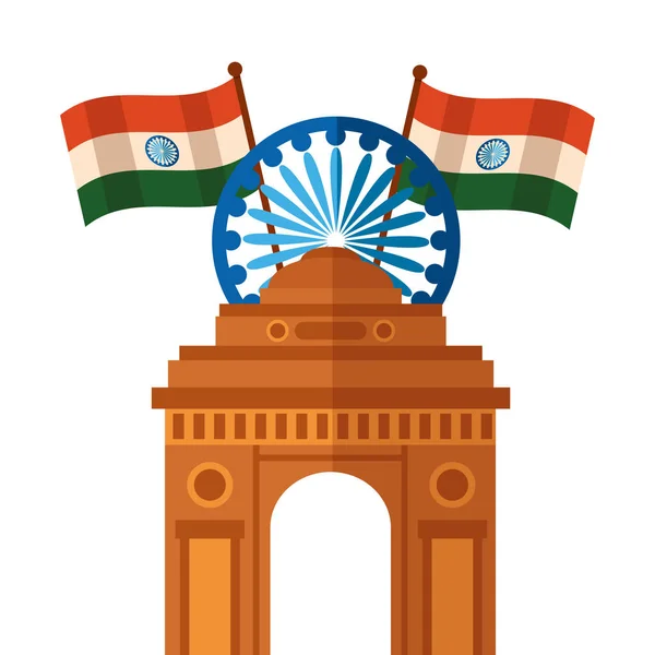 Indian flags with ashoka chakra and gate building — Stock Vector