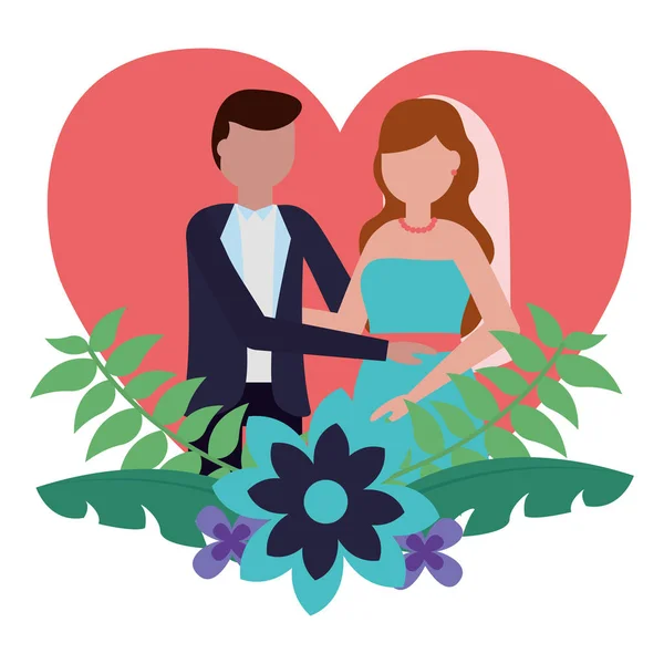 Bride and groom heart love flowers wedding — Stock Vector