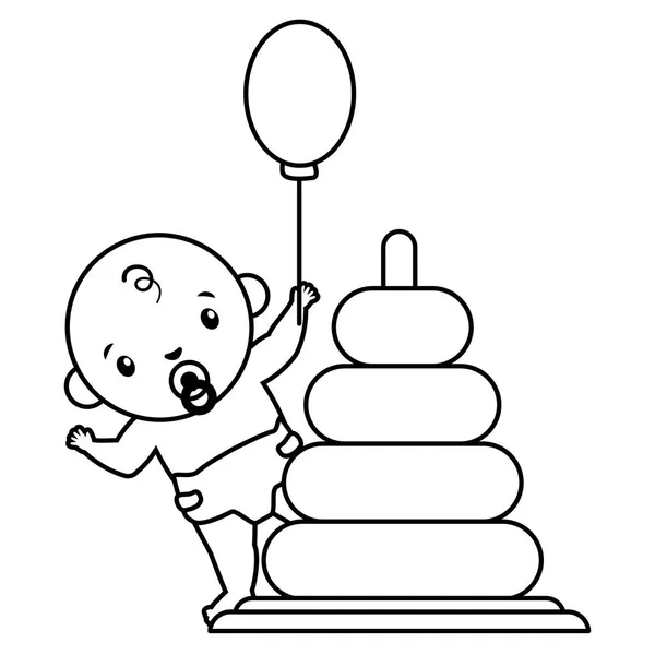 Baby Boy z pierścionki stos i helu balon — Wektor stockowy