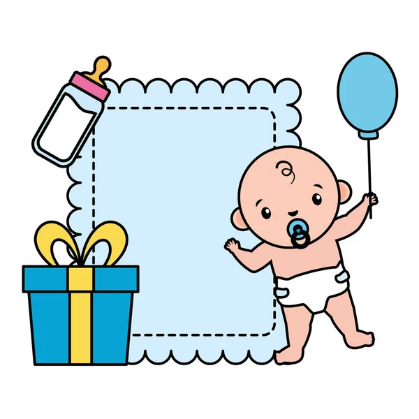 Hediye kutusu ve süt botttle sevimli küçük bebek çocuk — Stok Vektör
