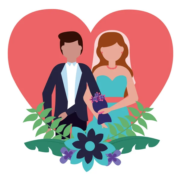Невеста и жених сердце любовь цветы свадьба — стоковый вектор
