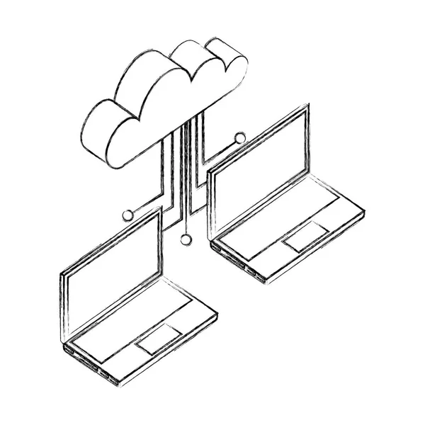 Två laptop Cloud Computing anslutna datanätverk — Stock vektor