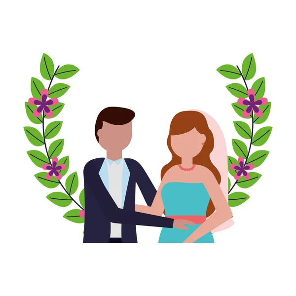 Ζευγάρι ημέρα του γάμου αφήνει λουλούδια διακόσμηση — Διανυσματικό Αρχείο