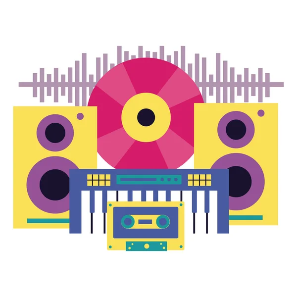 Vinyl spaker cassette et festival de musique de synthétiseur sur fond blanc — Image vectorielle