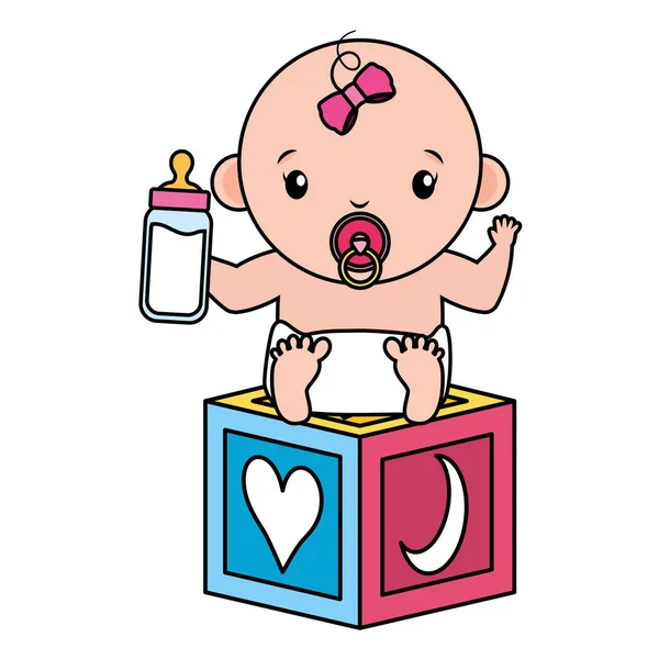 Linda niña con bloque de juguete y botella de leche — Vector de stock