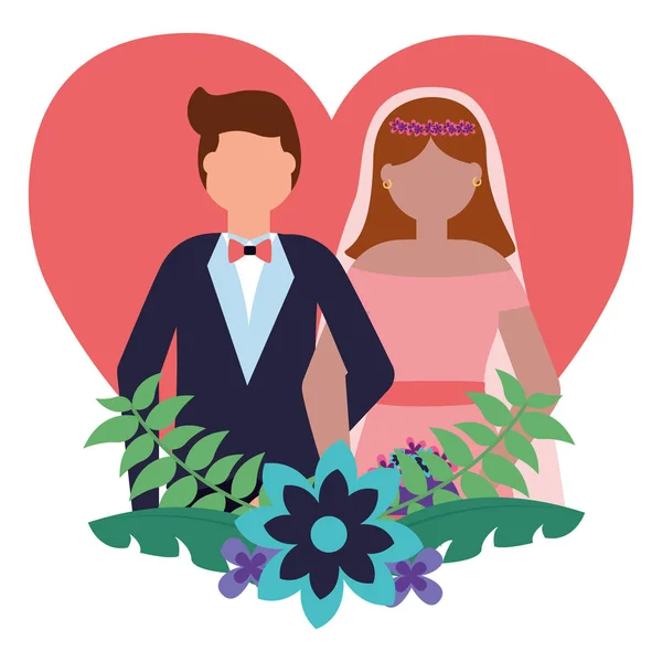 Novia y novio corazón amor flores boda — Archivo Imágenes Vectoriales