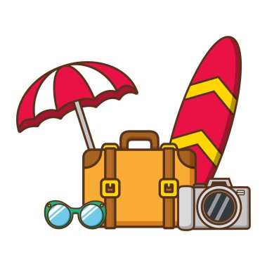 tatil bavul sörf tahtası şemsiye güneş gözlüğü kamera