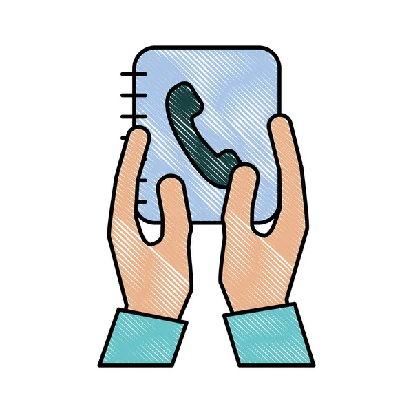 Handen houden Adresboek kantoorapparatuur — Stockvector